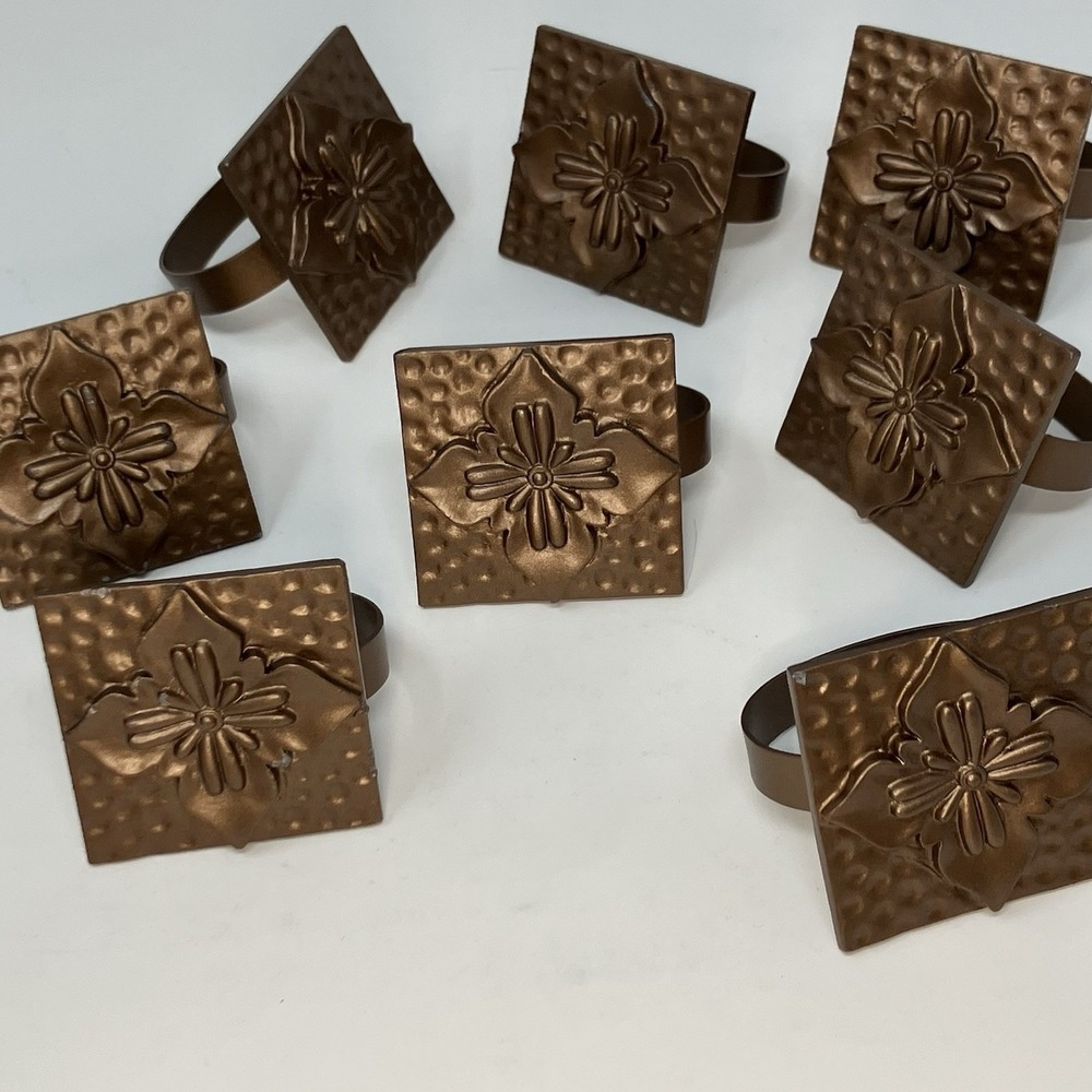 Vintage Heavy Metal Floral Napkin Rings Set of 8 Antique Bronze Square Hammered